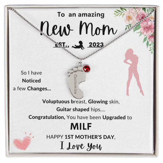 To An Amazing New Mom- Baby Feet Necklace with Birthstone.